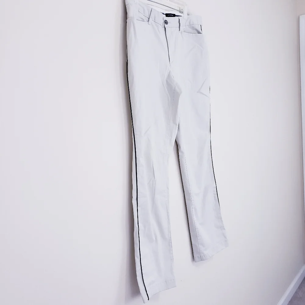 Lands End Khaki Chino Pants Size 12 Navy Blue Side Stripe Slim Leg Straight L